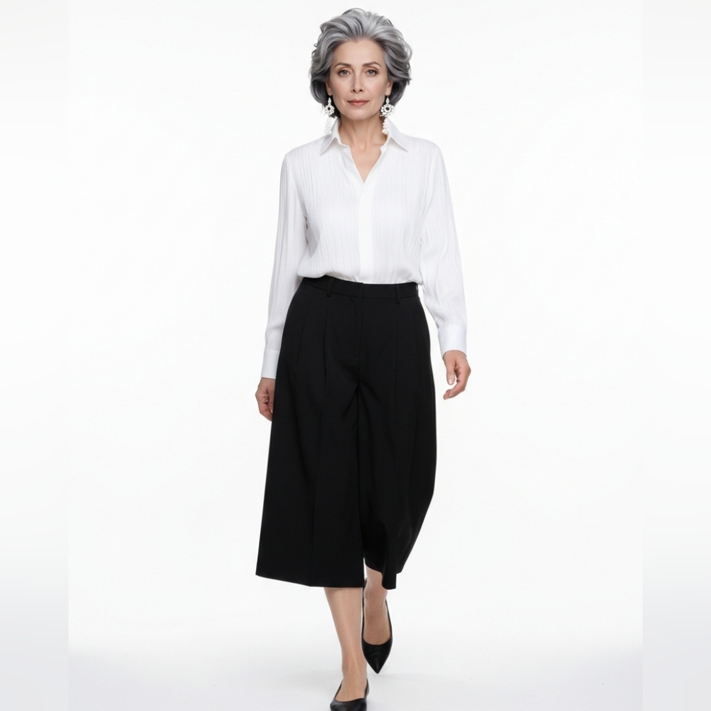 Anne Klein Vintage Black Fine Wool Wide Leg Crop Trousers Dress Pants 48 12